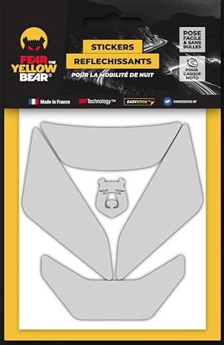 Fear The Yellow Bear© Easy Iron, Kit 5 Stickers Rétro réfléchissants REPOSITIONNABLES, pour Casque Moto, 3M™ Technology, Blanc