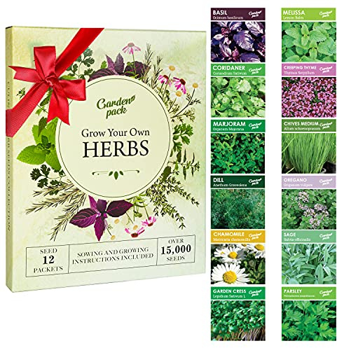 Odla dina egna örter trädgårdskit – 12 örtfrön sortpaket – basilika, mynta, rosmarin frön och fler paket i en låda med växande manual från Garden Pack