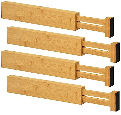 joeji's Kitchen Divisor de cajón de bambú con resorte divisor organizador de cajón expandible de 33 a 43cm juego de 4 divisores de cajón multifuncionales para ropa cubiertos herramientas y más