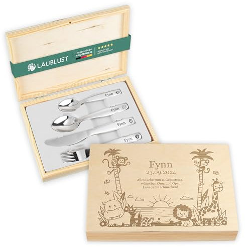 LAUBLUST Kinderbesteck mit Namensgravur - Dschungel Gravur & Geschenkbox natur | Besteck mit Namen - Geschenk zur Taufe für Kinder - Taufgeschenke für Jungen & Mädchen | Personalisierte Erinnerungsbox