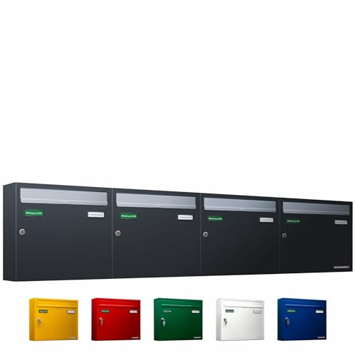 AL Briefkastensysteme Basic 4er Briefkasten RAL 7016 Anthrazit Grau/Einwurfklappe RAL 9006 Weiß Aluminium 4 Fach DIN A4 wetterfest mit Posthaltebügel und 2 Namensschildern
