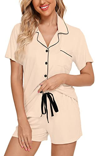 Senert Pyjama-Set für Damen, kurzärmelig, Nachtwäsche, weich, Button-Down-Pyjama-Set, Nachtwäsche, Lounge-Sets, S-XXL, B-Stil mit Taschen, Beige, XL