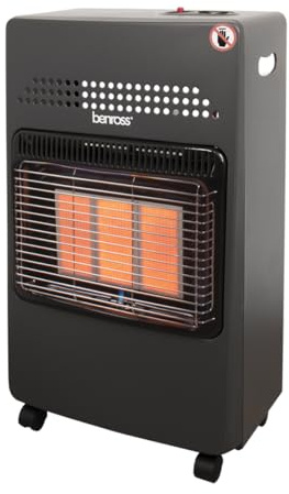 Benross 47289 Portable Butane Gas Heater with Regulator & Pipe / 3 Heat Settings/Tilt & Flame Failure Protection/Castor Wheels & Carry Handle/Black Colour