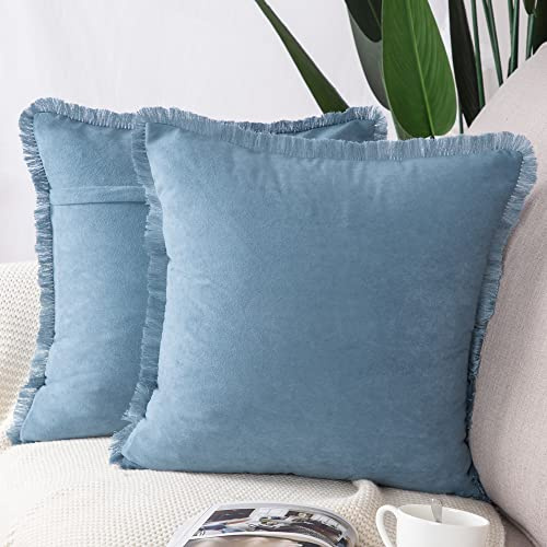 Madizz 2er Set Kissenbezügen aus Wildleder mit Fransenquasten Weiche dekorative Kissenbezüge für Sofa Schlafzimmer Kissenhülle Hellblau 50x50 cm Quadrat