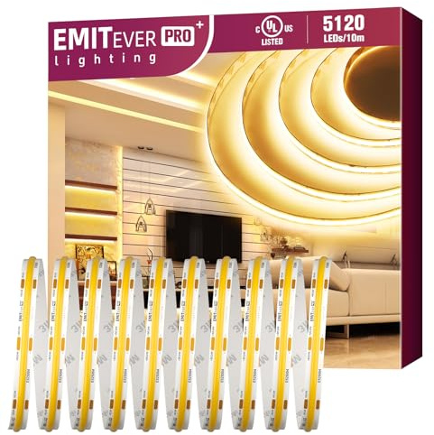 EMITEVER COB LED Strip Lights Warm White, 3000K Tape Light Premium High Density, DC 24V, 360+Lumens/ft, 5120LEDs/Spool, Ra 90+, 32.8ft/10m, UL Listed 5 Year After-Service(Power Supply Sold Separately)