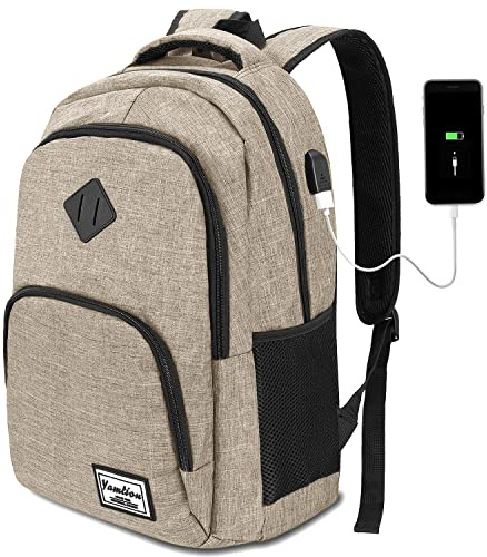 YAMTION Laptop Rucksack,Schultasche Schulrucksack Teenager mit USB-Ladeanschluss Uni Reisen Schule Arbeit Büro,Beige