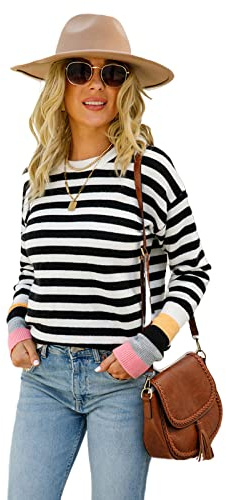 HEYPORK Damen Herbst Winter Warm Bequem Pullover Casual Mode Strickjacke Strickpullover Frauen Herbst/Winter Patchwork Regenbogenfarben Pullover Strickpullover