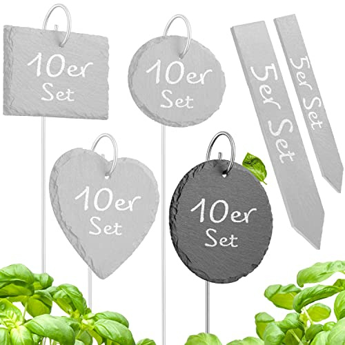Tiny Garden Pflanzenschilder für draußen wetterfest aus Schiefer - Pflanzenstecker zum beschriften, Kräuterschilder, Blumenschilder, Pflanzenschilder - 10er Set Rund