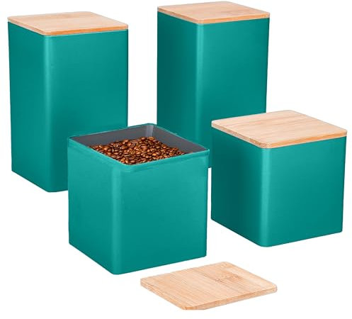 Regal Trunk Wooden Food Storage Containers - Metal Canisters with Bamboo Lids - Set of 4 (Large 8.5x8.5x15cm, Small 8.5x8.5x8.5cm) - Ideal Housewarming Gift for Modern Kitchens - Blue/Turquoise