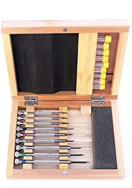 Vintage Time Watches | Jeu de tournevis horloger dans une boîte en bois en acier inoxydable pour réparer les montres | 9 tailles | Lames de rechange incluses, marron, S