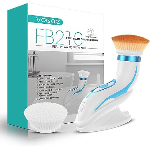 VOGOE Gesichtsreinigungsbürste elektrische, Wiederaufladbar Reinigungsbürste Gesicht IPX6 Wasserdicht, Gesichtsreinigung mit 2 Bürsten und 2 Geschwindigkeiten für Sanftes Peeling FB210 (Blau)