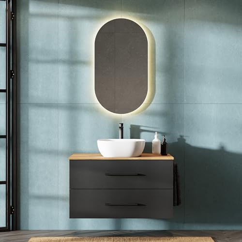 Planetmöbel LUX Badmöbel Set Waschbecken mit Unterschrank 90 cm | hängend, Aufsatz-Waschbecken 42 cm weiß, Waschbeckenunterschrank Gold Eiche/Anthrazit