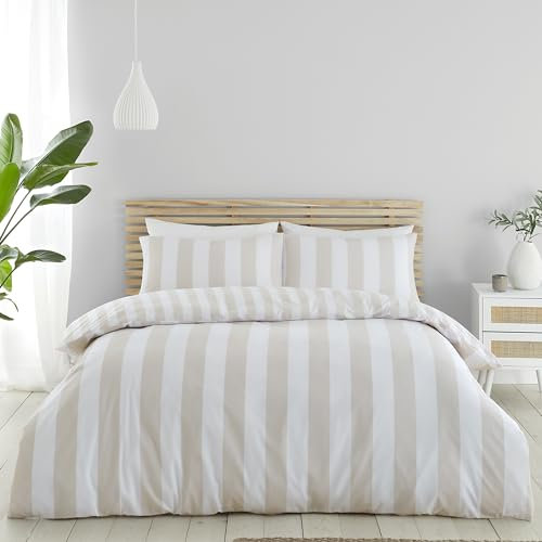 Catherine Lansfield Cove Stripe Reversible Double Duvet Cover Set with Pillowcases Natural
