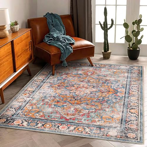 CHAMPLANT Washable Area Rug 3'x5' Rugs for Living Room Retro Flowers Machine Non-Slip Bedroom Vintage Trellis Distressed Carpet for Dining Room Office