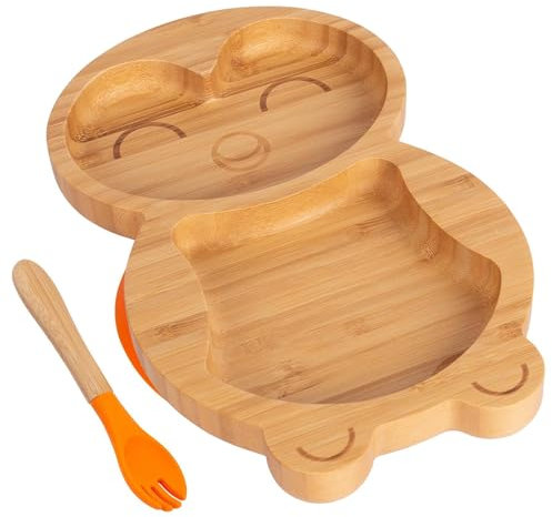 Tiny Dining 2pc Orange Bambus-Pinguin-Baby-Entwöhnungsteller & Gabelsatz - Hölzern Geteilt Kleinkind Kinder Essen Fütterung Tablett - Silikon Saugnapf