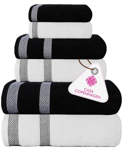 CASA COPENHAGEN Solitaire Mix Asciugamano Asciugamano in Cotone Egiziano 600 gsm per Hotel, Spa, Cucina e Bagno Set da 6 Pezzi con 2 Bagni, 2 Mani, 2 Salviettine - Bianco + Nero