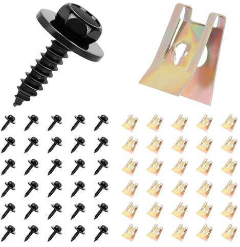 Screws and Nut Clip Kit - 30pcs Auto Body Fender Screws and 30pcs Bumper Guard Plate Fixing Bolts, Metal U Type Fastener Clip for Most Car Wheel Arch Cover Undertray Fender