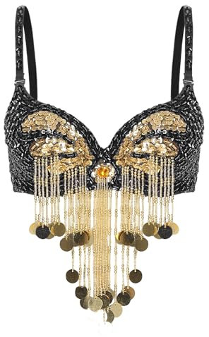 Runhomal Damen Bauchtanz BH Spaghettiträger Bauchfrei Oberteil Belly Dance Crop Top mit Pailletten Quasten Tanz Kostüm Party Outfits Schwarz Einheitsgröße