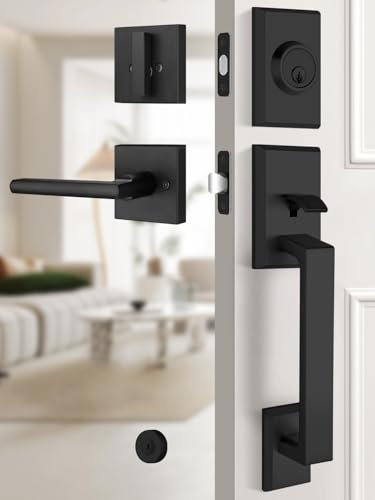 EHOMEWARE Matte Black Front Door Handle, Exterior Door Lock Set with Deadbolt, Black Entry Door Lever Set, Single Cylinder Deadbolt, Front Entry Door Handle, Reversible for Left & Right Doors