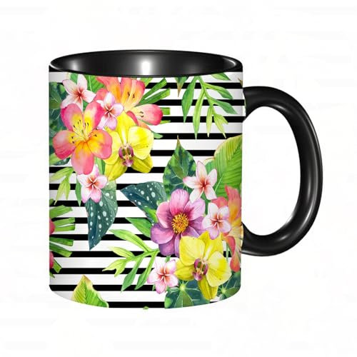 HRRASFAZF Ceramic Coffee/Tea Mug, 11 oz Funny Mugs,Bouquet with Lily Dahlia Palm Begonia Leaves Orchid Flowers on a Striped backgrou,Gifts for Mothers Day,Birthdays,Christmas,Valentines,Anniversaries