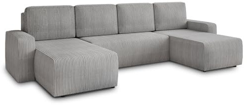 Sofnet Wohnlandschaft mit Schlaffunktion Roma - U-Form Couch, Schlafsofa mit Bettkasten, Couchgranitur mit Bettfunktion, Big Sofa, Cord Stoff (Grau (Poso 110))