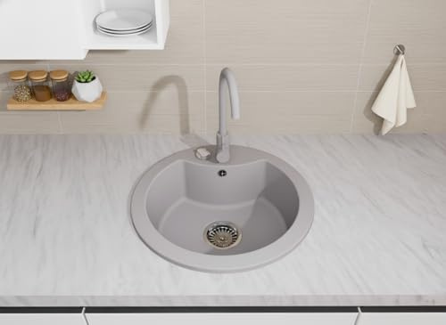Faizee Home Granitspüle Ø 49 cm Grau – runde Einbauspüle aus Granit – beidseitig montierbar, kratzfest, hitzebeständig – modernes Spülbecken