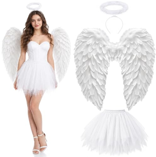 YeahBoom 3 unidades de disfraz de ángel blanco para mujer, 60 cm, alas de ángel para adultos con aureola, 80-130 cm, falda de tul para mujer, disfraz de ángel para Halloween, carnaval, cosplay, fiesta