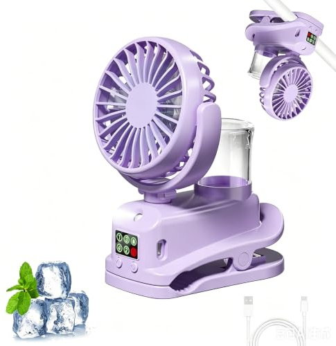 Hegawleo Mini Ventilator Clip, Handventilator Akku Aufladbar, Leise Handventilator Mit Wasserkühlung, 4 Geschwindigkeiten 360° Drehbar, Camping Mini Ventilator Für Büro, Kinderwagen (Lila)