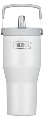 Thermos Flip Straw Tumbler mit Strohhalm und Henkel, 0,85 l, white mat | 6 h kalt, Isolier-Trinkbecher Flip-Strohhalm, doppelwandiger Edelstahl, für unterwegs & zuhause, weiß, REFRESHING SERIES