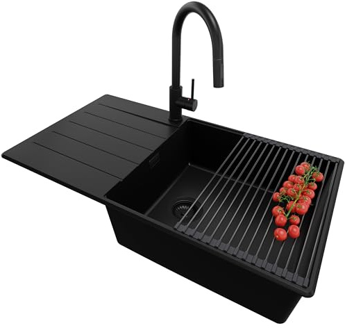 PRIMAGRAN Fregadero Granito al Mueble 60cm + Grifo, 90x50cm | Set: Grifo BW9010 + Kit de desagüe + Enrollable Escurridor + Copenhague Top 1 Seno para Cocina, Todo Negro