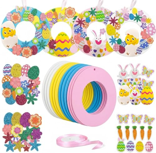 Ostern Basteln Kinder Bastelset, 12er Set Osterkranz Bastelset Kinder aus selbstklebendem EVA Schaumstoff, DIY Osterdeko Kinder mit 262 Stickern und Band, Bastelset Kindergarten Schule Ostergeschenk