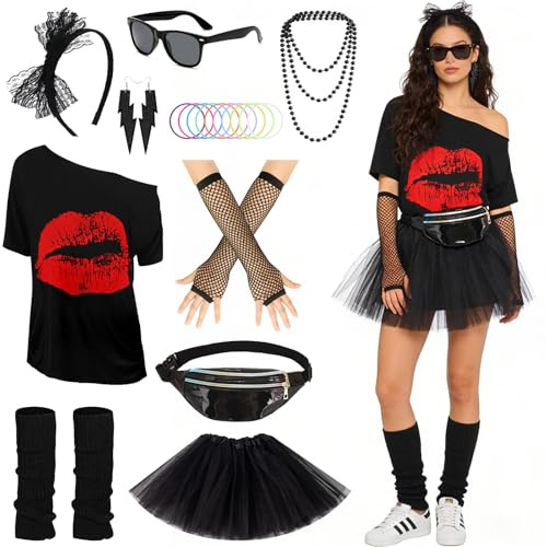DAZZTIME Disfraz Años 80 Mujer,Accesorios de Disfraz de Los Años 80,Juego de Disfraces de los Años 80,con Diadema,Muñequeras,Aretes,para Fiestas,Carnaval,Disfraces de Halloween