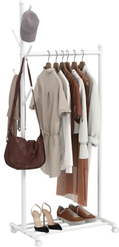HOMCOM Portant à Vêtements sur Roulettes 5 Crochets 68 x 43 x 171 cm Blanc | Porte-Manteau, Penderie Vêtement, Cadre en Métal, Étagère à Chaussures, pour Entrée, Chambre