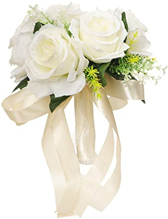 AwnsIMfreien Künstliche Brautblumen, Brautstrauß, Hochzeit, Handstrauß mit künstlichen Rosenblüten, Seidenblumenstrauß mit Band für Hochzeitsbedarf, Weiß