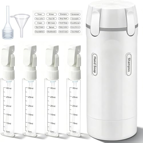 Dispensador de Botellas de Viaje 4 en 1, Botellas Dispensadoras de Viaje Recargables con Escala y Etiqueta, Recipientes Portátiles a Prueba de Fugas para Champú, Loción, Acondicionador, Crema