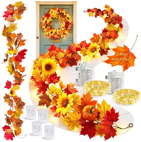 2 Pièces Deco Decoration Automne Interieur, Couronne Guirlande Feuille Automne Lumineuse, Guirlande Feuilles Artificielles, Fall Decoration, Guirlandes Citrouille Feuille, pour Table Porte Exterieur