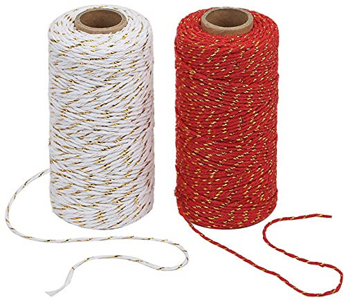 tenn well Cotton Twine String, 200m Cotton Yarn Coloured Twine String for Gift Wrapping, Packing and Crafts Decorations (Red Gold and White Gold)