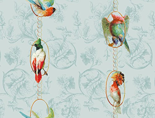 Klassisch edle Paradies Vogel Tapete Birds on a string mit Papageien auf Barock Muster hellblau, türkis - Vlies Tapete Ornamente Tiere Streifen - Klassische GMM Wandtapete (H: 2,6m B: 46,5cm)