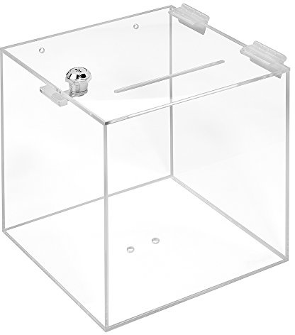 Zeigis Acrylglas Losbox Spendenbox 20cm mit Schloss/transparent/klar | Würfelform, Einwurf 3x120mm, 3mm Acryl, zwei Schlüssel beiliegend, zum Anschrauben, Zeigis Made in Germany