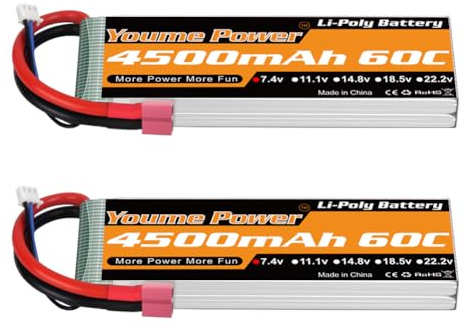Youme 2S LiPo Akku 7,4V 4500mAh 60C T Stecker für RC LKW Drohne Boot 2Stück | 2S 7,4V LiPo Akku 4500mAh 60C Entladerate Softcase für 1/8 1/10 RC Auto LKW Buggy Truggy Fahrzeug Drohne