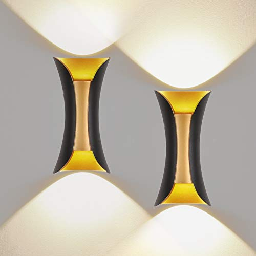 Klighten 2 Stücke Außenlampe 10W Wandleuchte Innen/Außen, Schwarz & Gold | Wasserdicht IP65, Warmweiß 3000K, 12W Wandleuchten Innen/Außen, Aluminium Außenwandleuchte für Garten, Eingang, Wohnzimmer