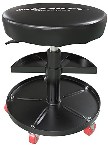 HASKYY Werkstatthocker Rollhocker | Höhe 430-580mm I Sitz Geleinlage | Werkstatt-Arbeits-Hocker-Stuhl-Sitz I 135kg | ø40 cm | 2 Ablagen I Schwarz