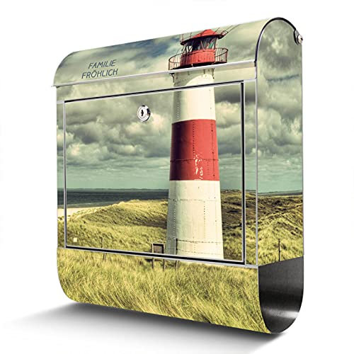 banjado® Briefkasten Edelstahl personalisiert mit Motiv Leuchtturm Sylt 38x43x12cm & 2 Schlüssel - rostfreier Edelstahl Briefkasten mit Zeitungsfach - Postkasten A4 Einwurf inkl. Montagematerial