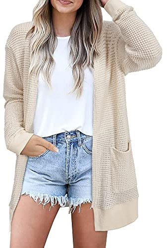 STYLEWORD Women's Fall Fashion 2025 Cardigan Sweaters Lightweight Open Front Business Waffle Knit Casual Long Beige Cream Cardigans Outfits Clothes with Pockets (Apricot-L)