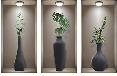 TOARTI 3 Stück 3D Wandsticker Vase,Wandtattoo Wohnzimmer Vasen,Grüne Pflanzen Wandaufkleber,Vinyl Abnehmbare Schwarz Flasche und Grünes Blatt Wandbilder für Schlafzimmer Büro Küche Wanddeko,20CM×40CM