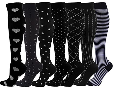 Cheeroyal 7 pares de calcetines de compresión de 20 a 30 mmHg para hombres y mujeres,ideales para recuperación,enfermeros,correr,maternidad,embarazo,vuelos,viajes,deportes y usos médicos(S, 7-4)