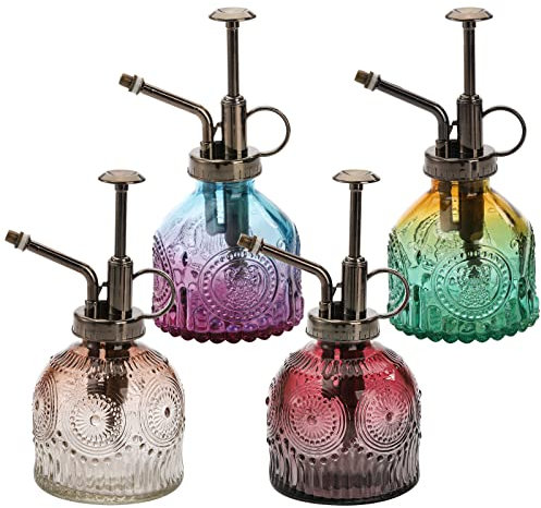 Frcctre 4 Stück Glas-Pflanzen-Sprühflasche, Vintage-Sprühflasche mit bronzefarbener Kunststoff-Pumpe, 16,3 cm, dekorativer feiner Nebel, Spritzer Gießkanne für Innen- und Außenbereich, Sukkulenten,