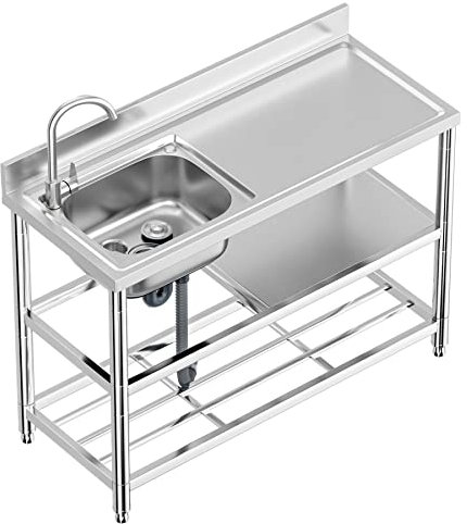 Freistehende Edelstahl Spültisch Gastro 1 Becken (Links), 120×50×94 cm Gewerbliche Spülbecken mit Wasserhahn mit Kalt und Warmwasserschläuchen, Ablassvorrichtung, für Außen, Innen, Küche, Restaurant