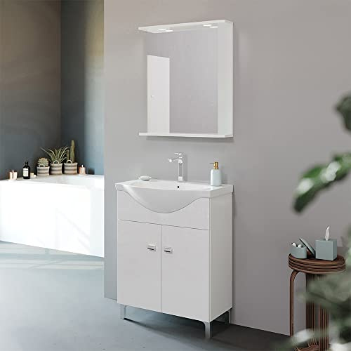 Inbagno Mobile Bagno a Terra 65 cm Bianco Lucido, Completo di lavabo e Specchio con Luce LED | Creta (65 cm)