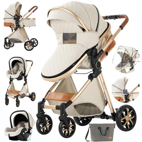 MoLi Kinderwagen 3 in 1, Kinderwagen Set Umkehrbarem Doppelschiebemodus, Kombikinderwagen 3 in 1 Großer Bequemer Babywanne, Buggy Rahmen Aluminiumlegierung Faltbar Hohe Landschaft (225 Creamy White)